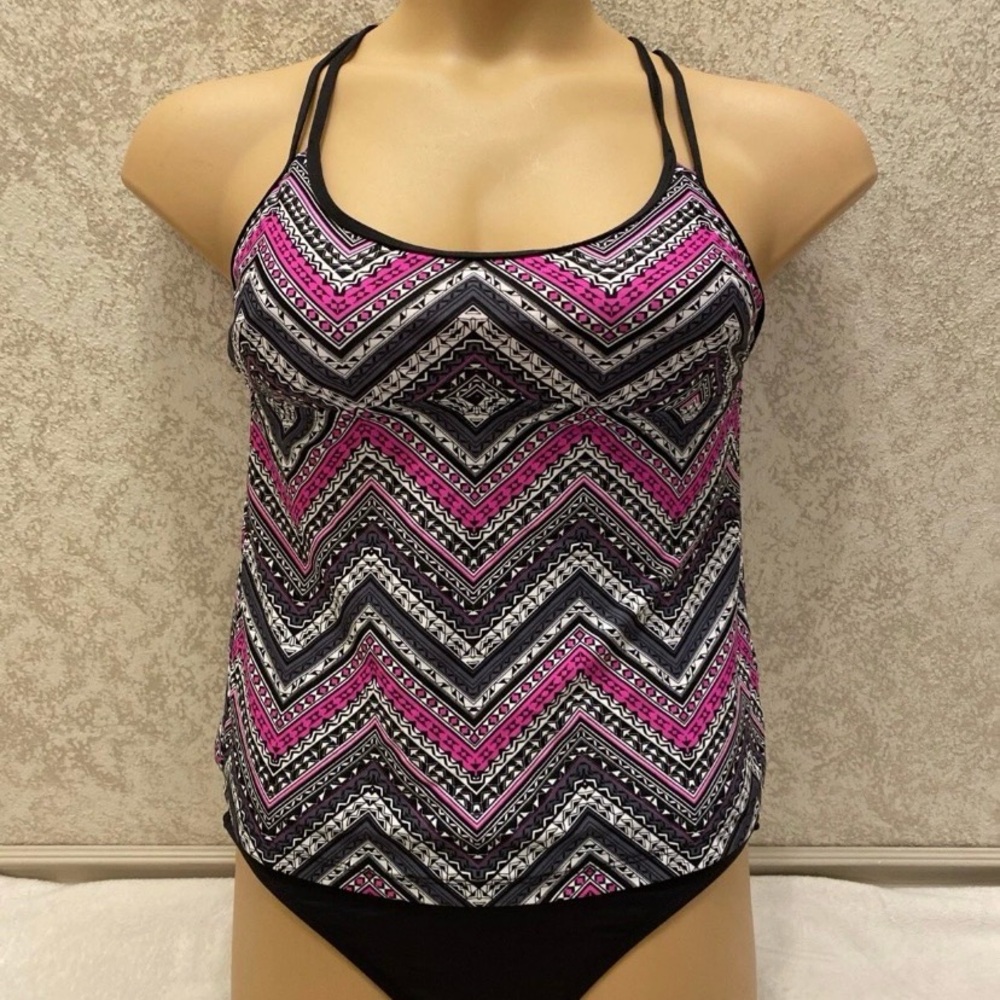 Chevron Pink & Black Tankini Top with Dual Straps and Black Bottom